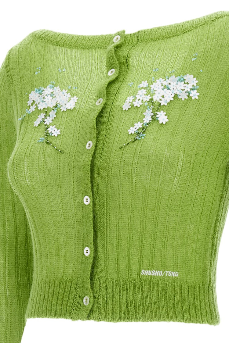 Shushu/Tong Green Beaded Floral Embellished Wool-Blend Cardigan