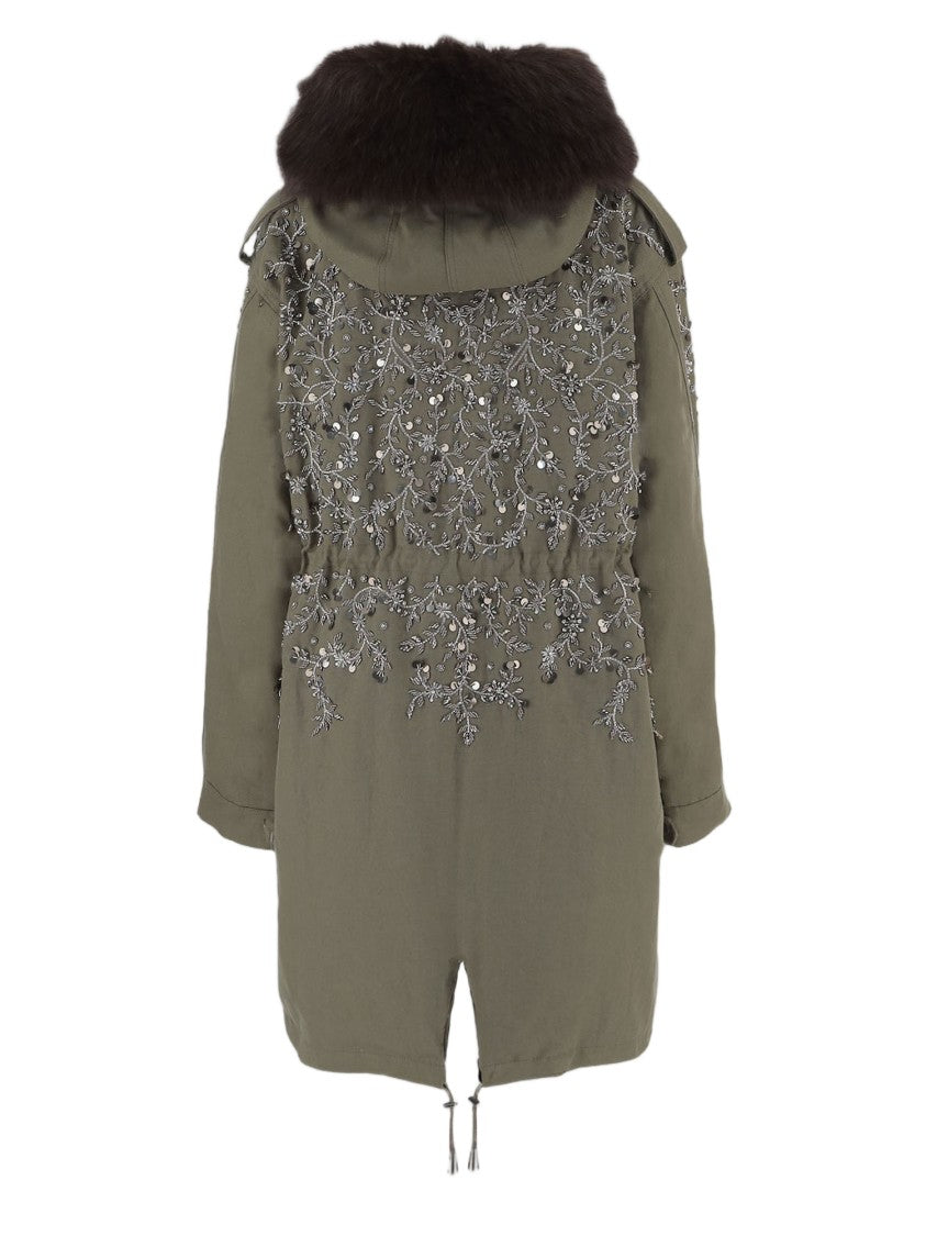 Novelle Green Floral Embroidered Faux-Fur Hooded Cotton Parka