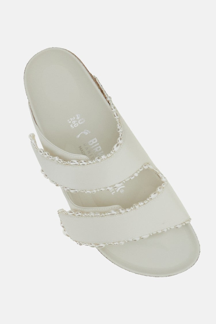 Birkenstock Ivory Satin Arizona Sandals With Pearl Detailing