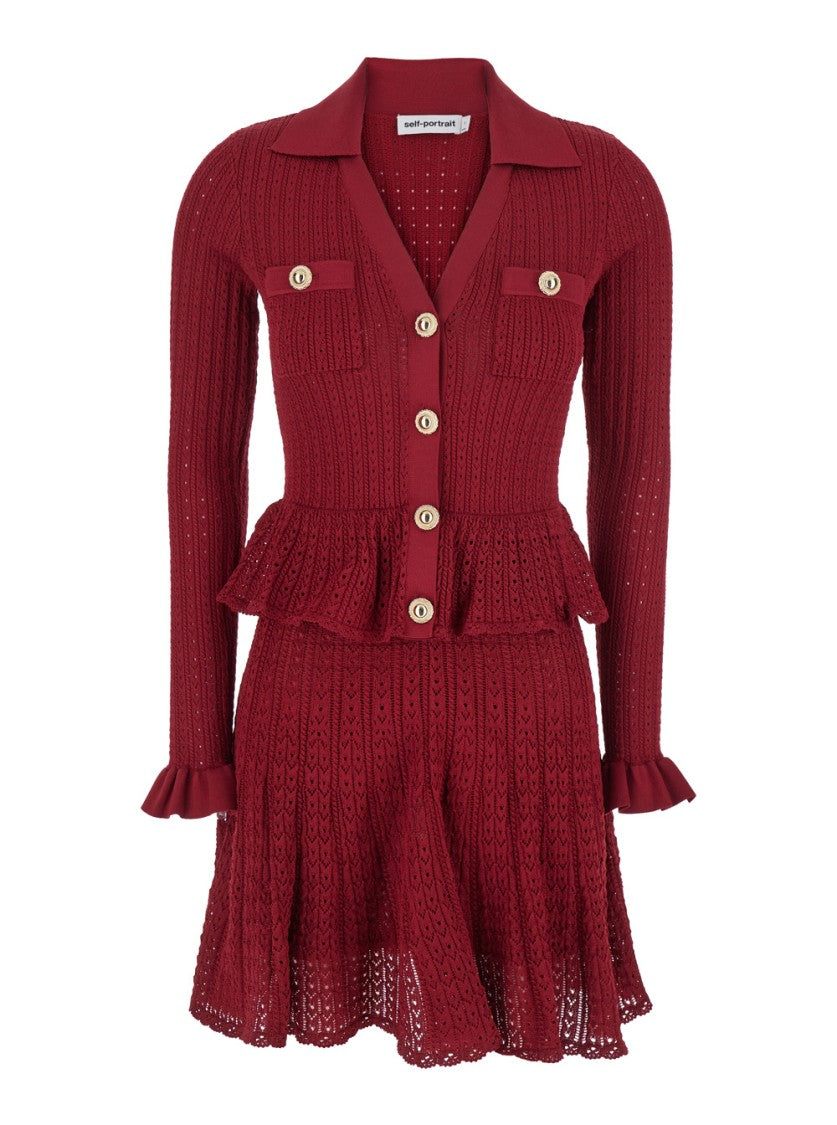 Self-Portrait Burgundy Pointelle Knit Mini Dress
