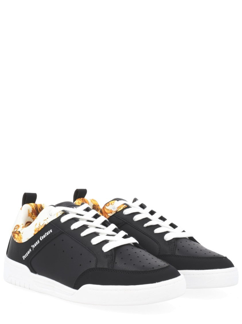 Versace Jeans Couture Black Weave Pattern Perforated Leather Sneakers