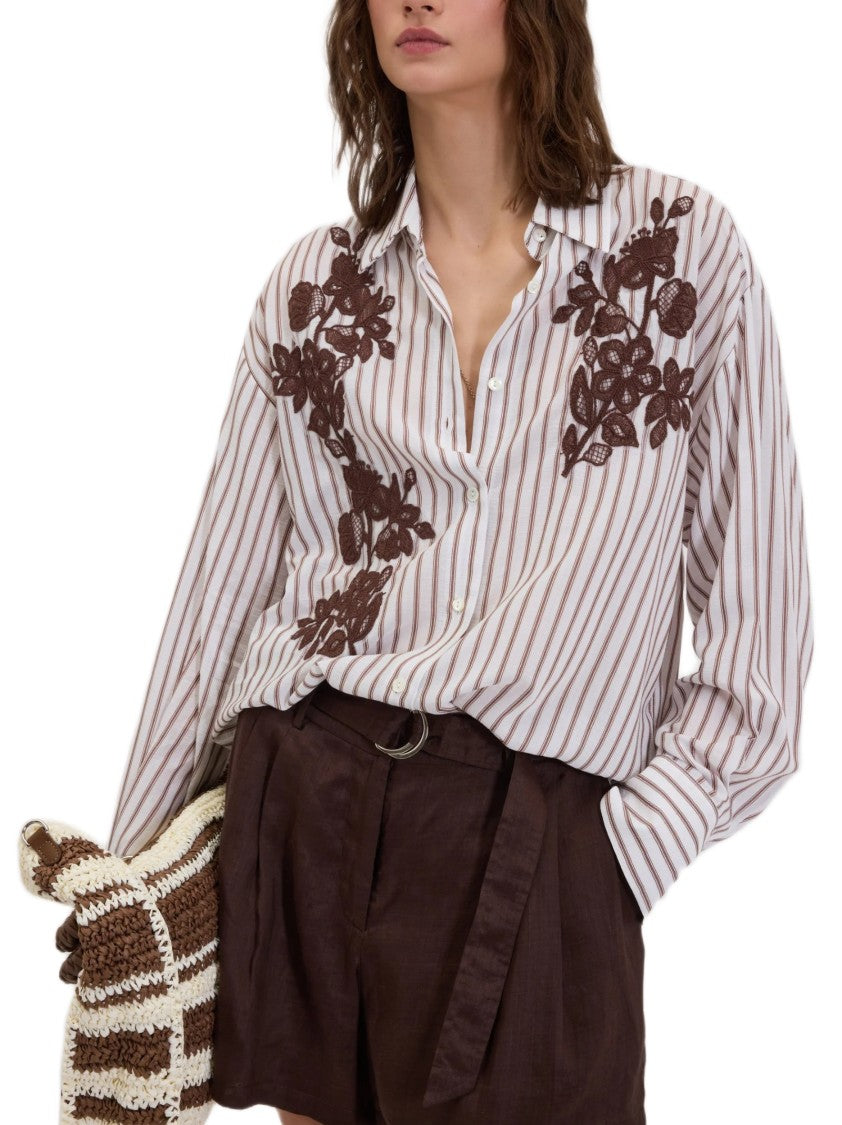 Ermanno Firenze Fluid Striped Viscose Shirt With Floral Embroidery