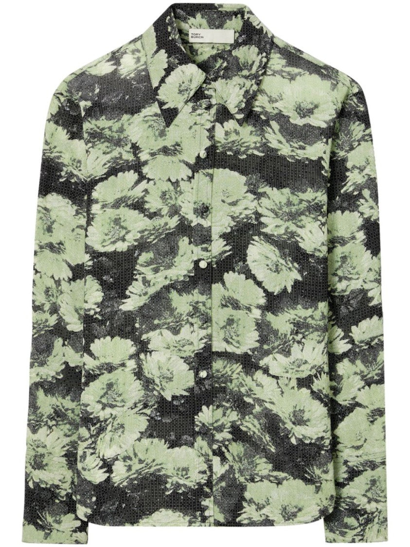 Tory Burch Green Floral Long-Sleeved Shirt