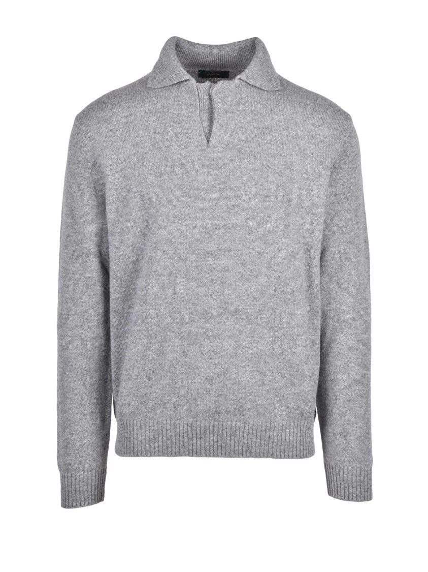 Zanone Grey Heathered Virgin Wool Knitted Polo Shirt