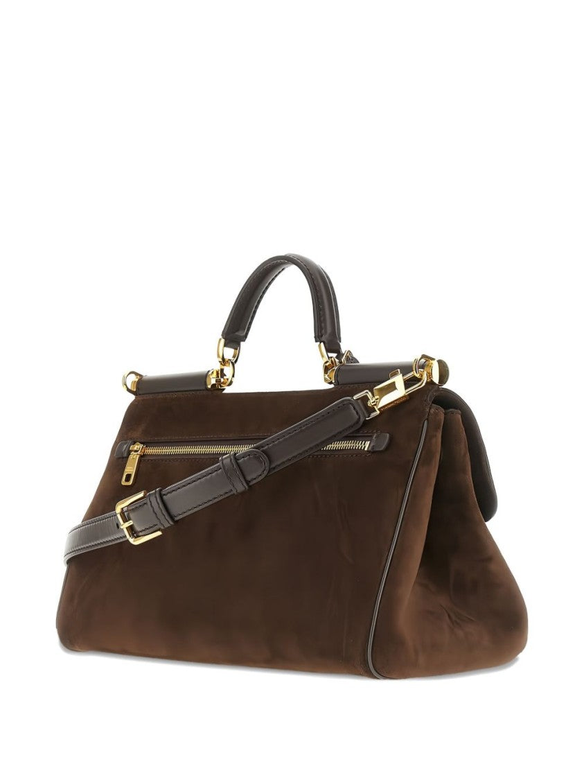 Dolce & Gabbana Structured Brown Suede Handbag With Gold-Tone Hardware