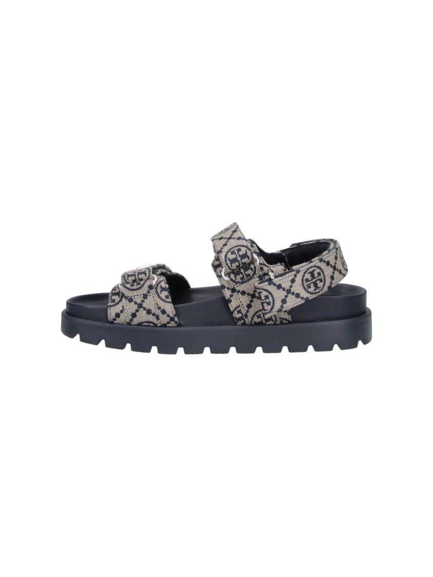 Tory Burch Blue T Monogram Adjustable Fabric Sandals