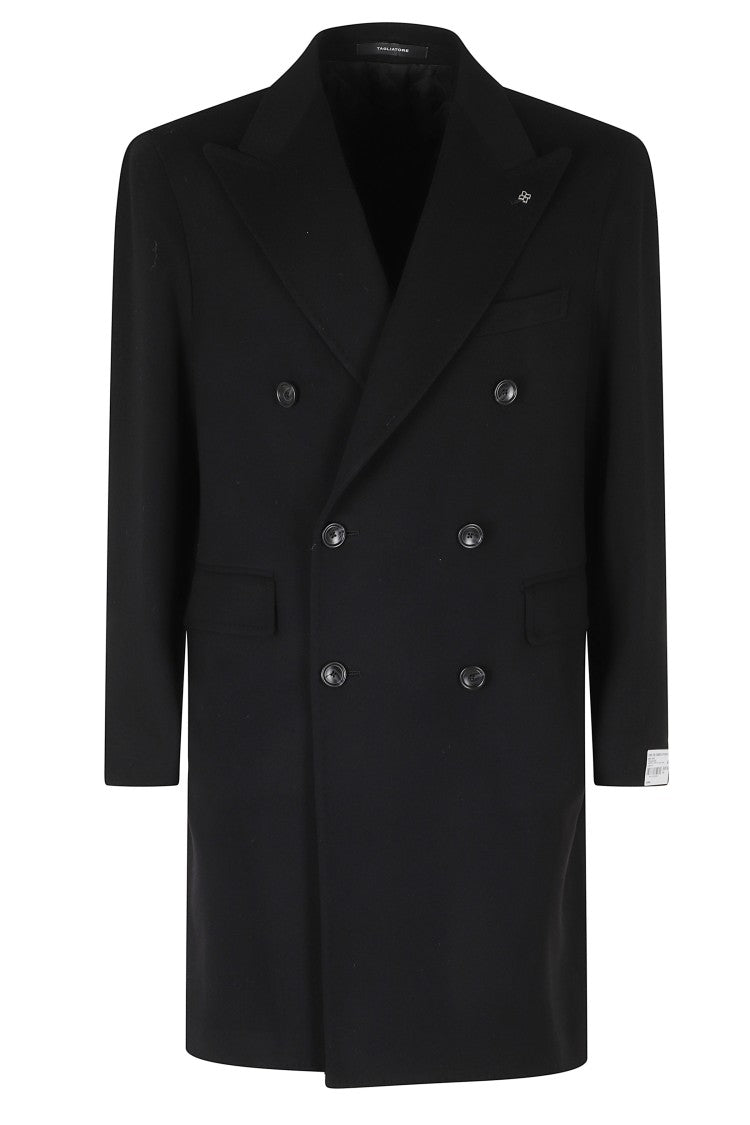 Tagliatore Black Double-Breasted Silver Embellishment Wool-Blend Coat