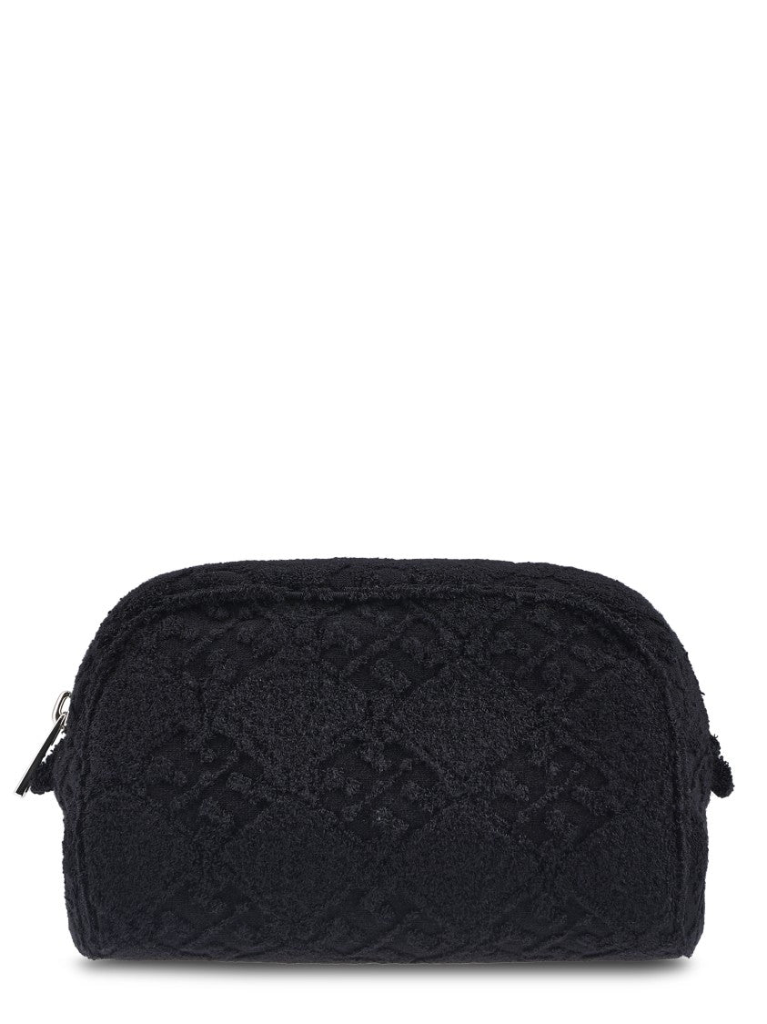 Tory Burch Textured Black Terry Pouch With Subtle Logo Pattern