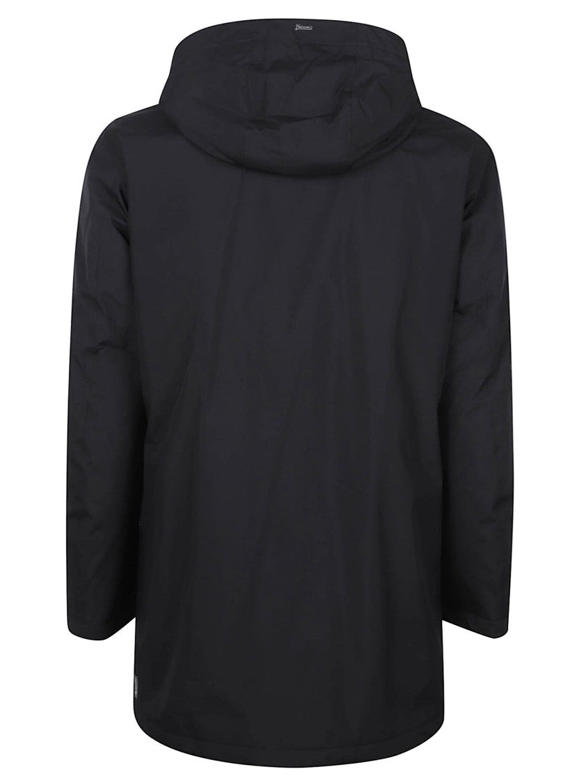 Herno Minimalist Black Coat With Concealed Closure And Hood
