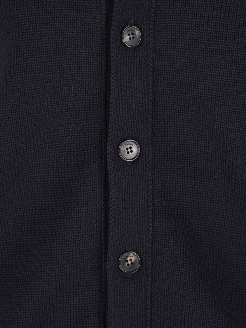 Zanone Dark Blue Chioto High-Collar Ribbed Virgin Wool Cardigan