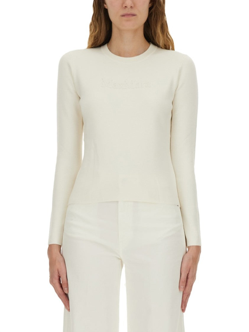 Max Mara Fitted White Jersey Top With Embossed Logo