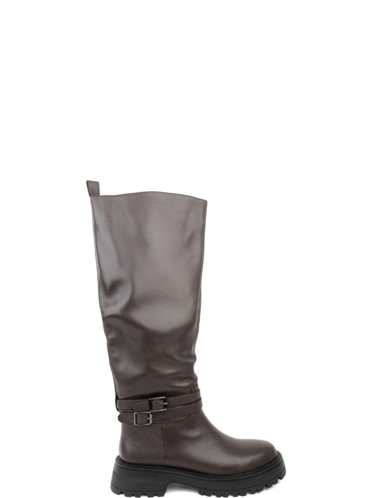 Adrianna Feretti Brown Decorative Double Straps Rugged Sole Leather Boots