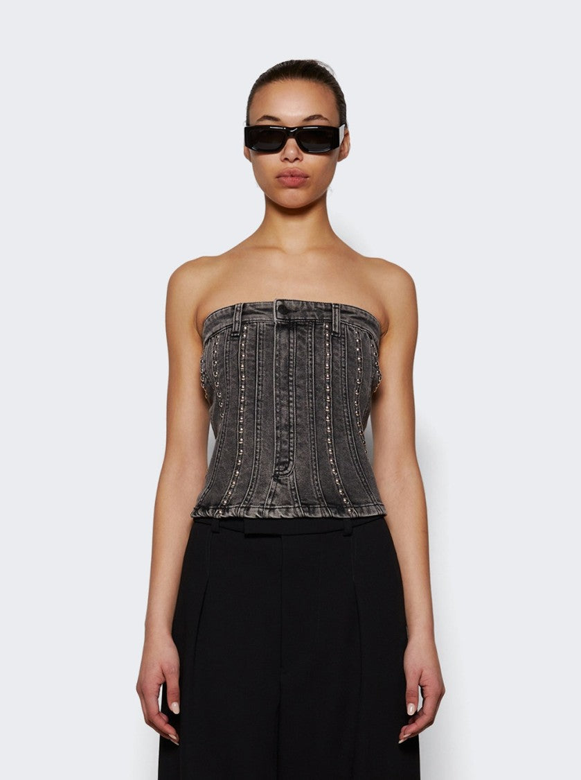 Mugler Spiral Denim Studded Bustier Top