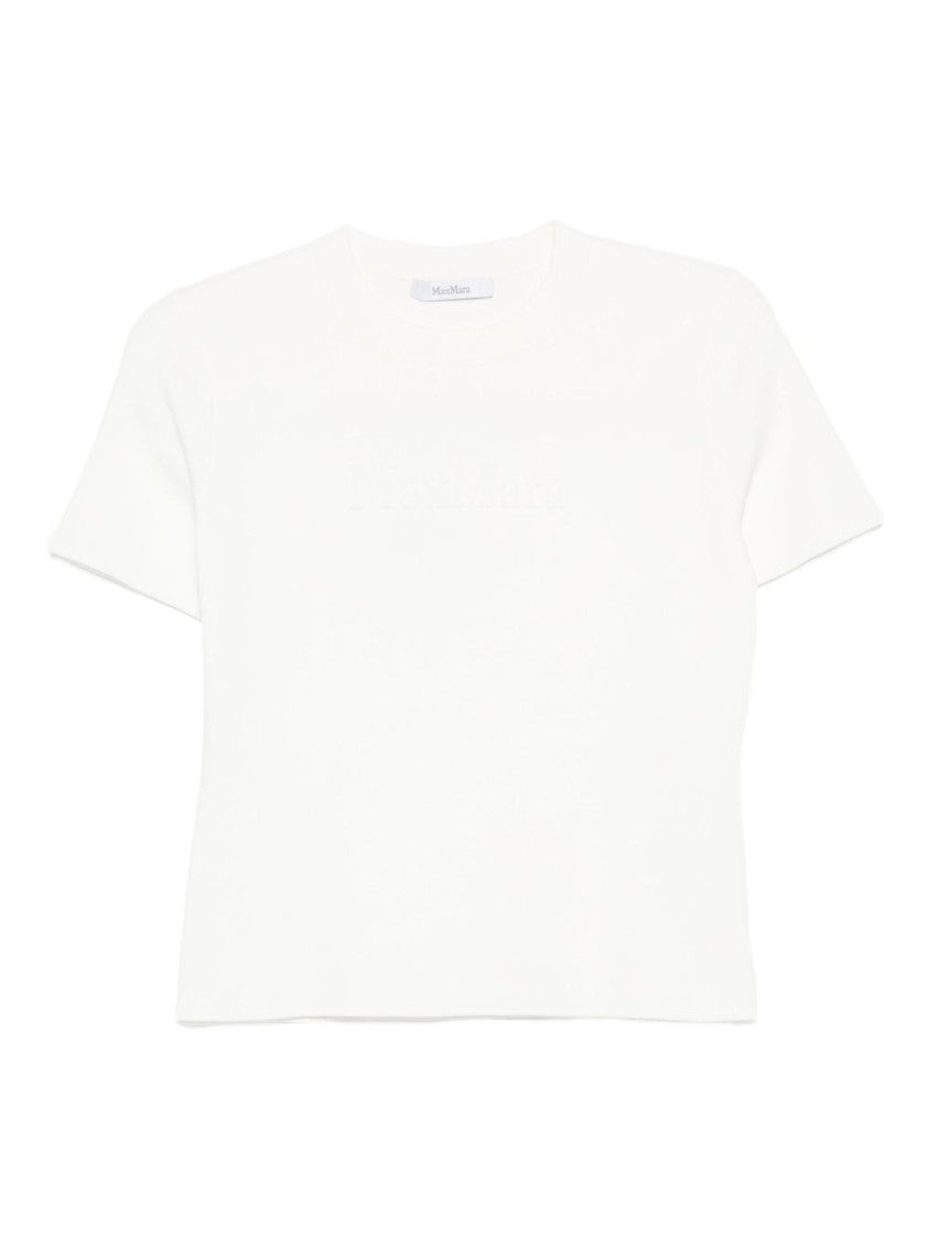 Max Mara Ribbed Knit White Short-Sleeve Top With Debossed Logo