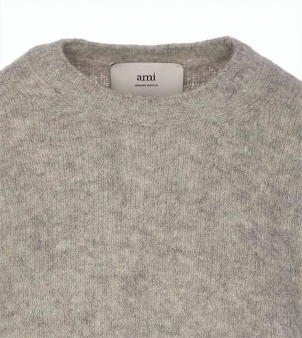 Ami Paris Heathered Knit Sweater With Classic Crew Neckline