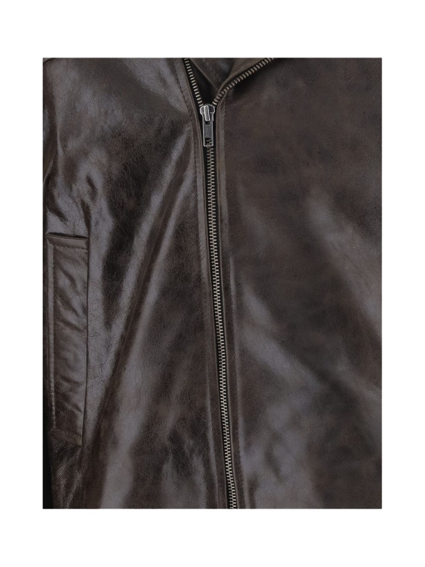 The Garment Fringed Brown Leather Jacket With Asymmetrical Zipper
