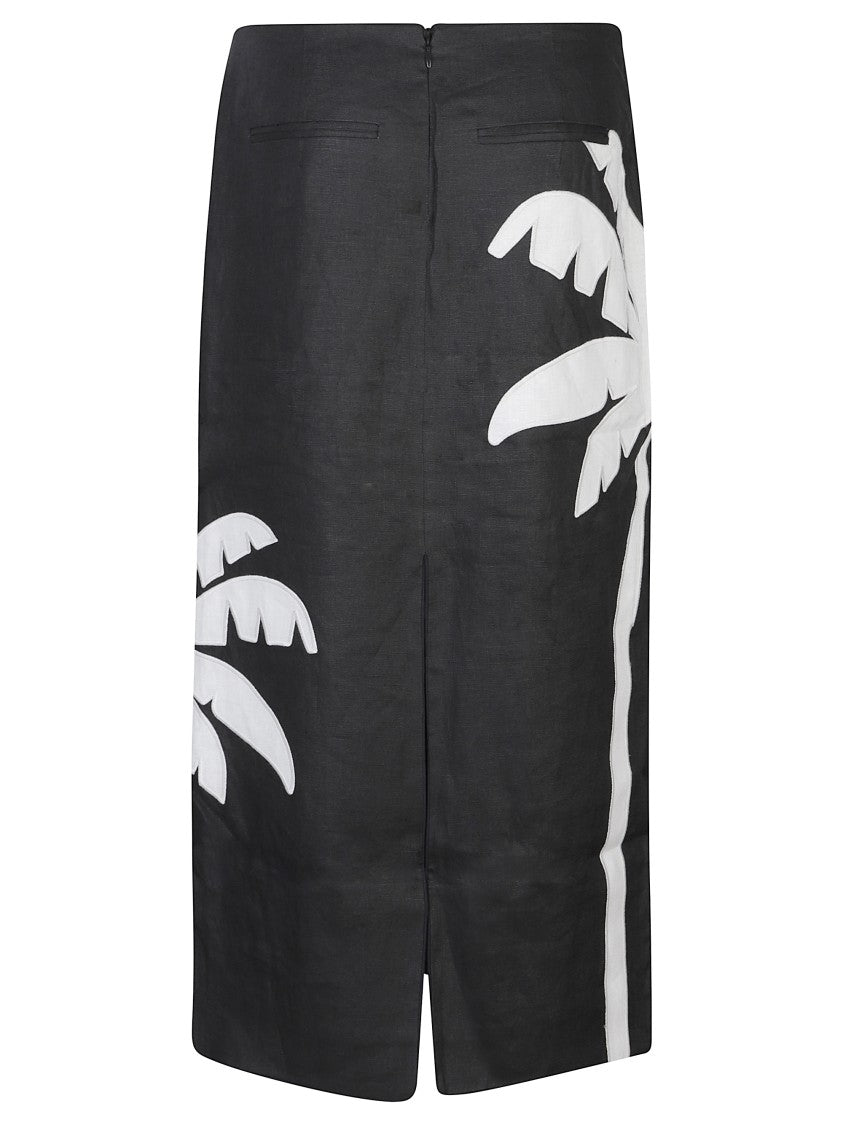 Farm Rio Black Patch Pockets Linen Midi Skirt