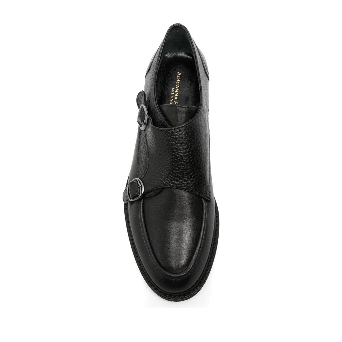 Adrianna Feretti Black Textured Silver Buckles Leather Loafers