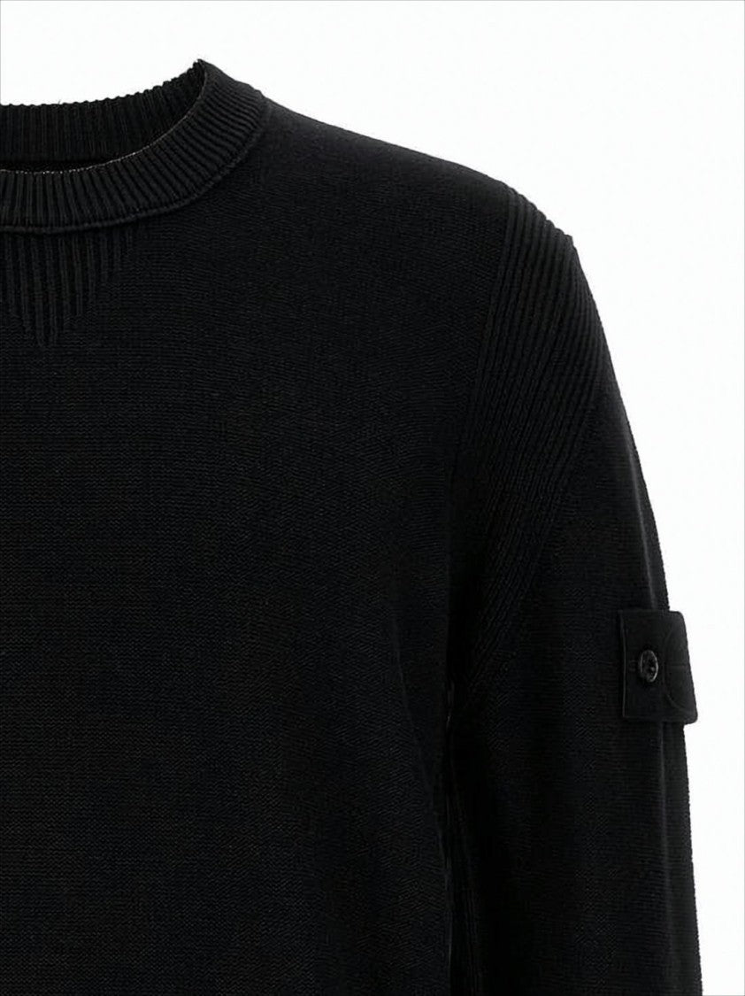 Stone Island Black Crew Neck Sweater With Textured Knit And Patch Detail