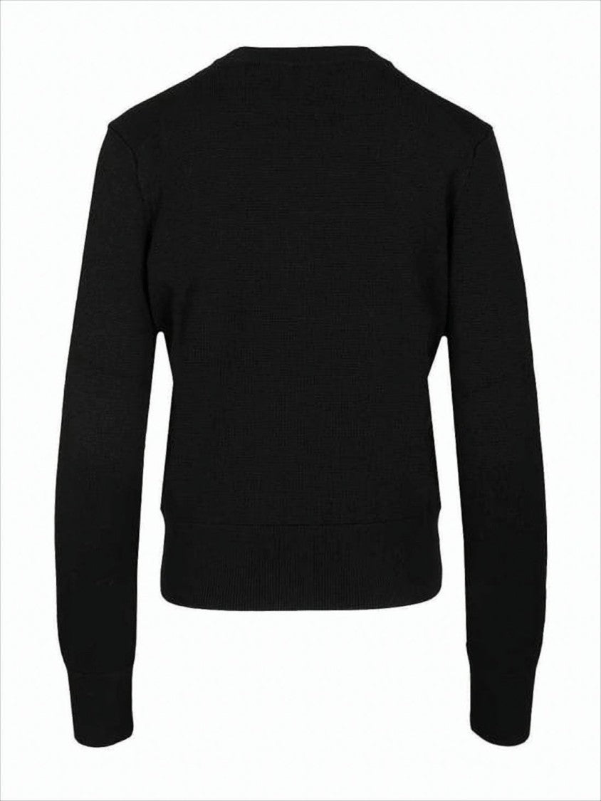 Ami Paris Fitted Black Wool Crewneck Sweater With Embroidered Detailing