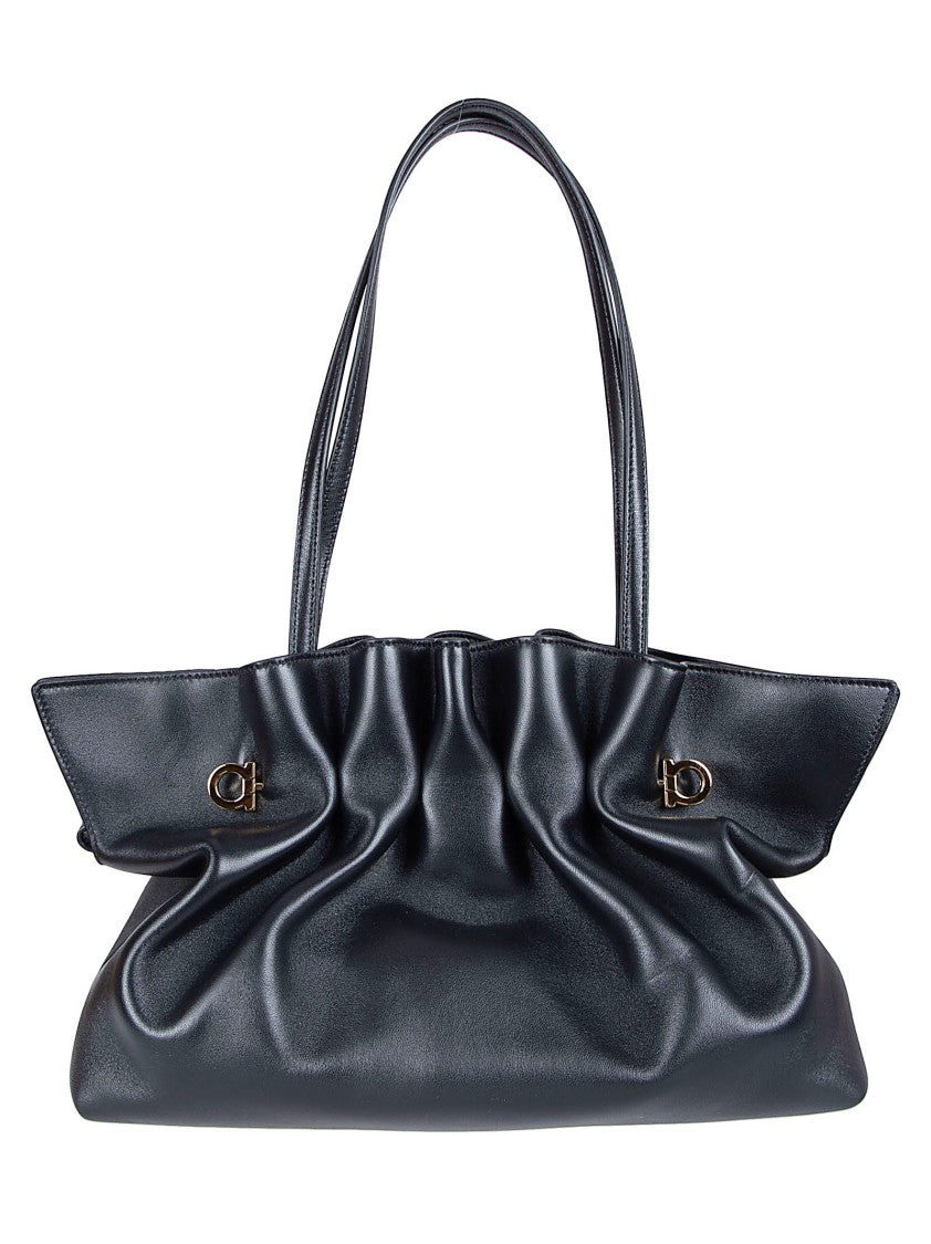 Ferragamo Soft Black Nappa Leather Bag With Iconic Gancio Clasps