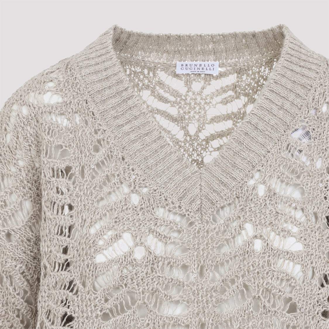 Brunello Cucinelli Lace Effect Knit Beige Linen Pullover