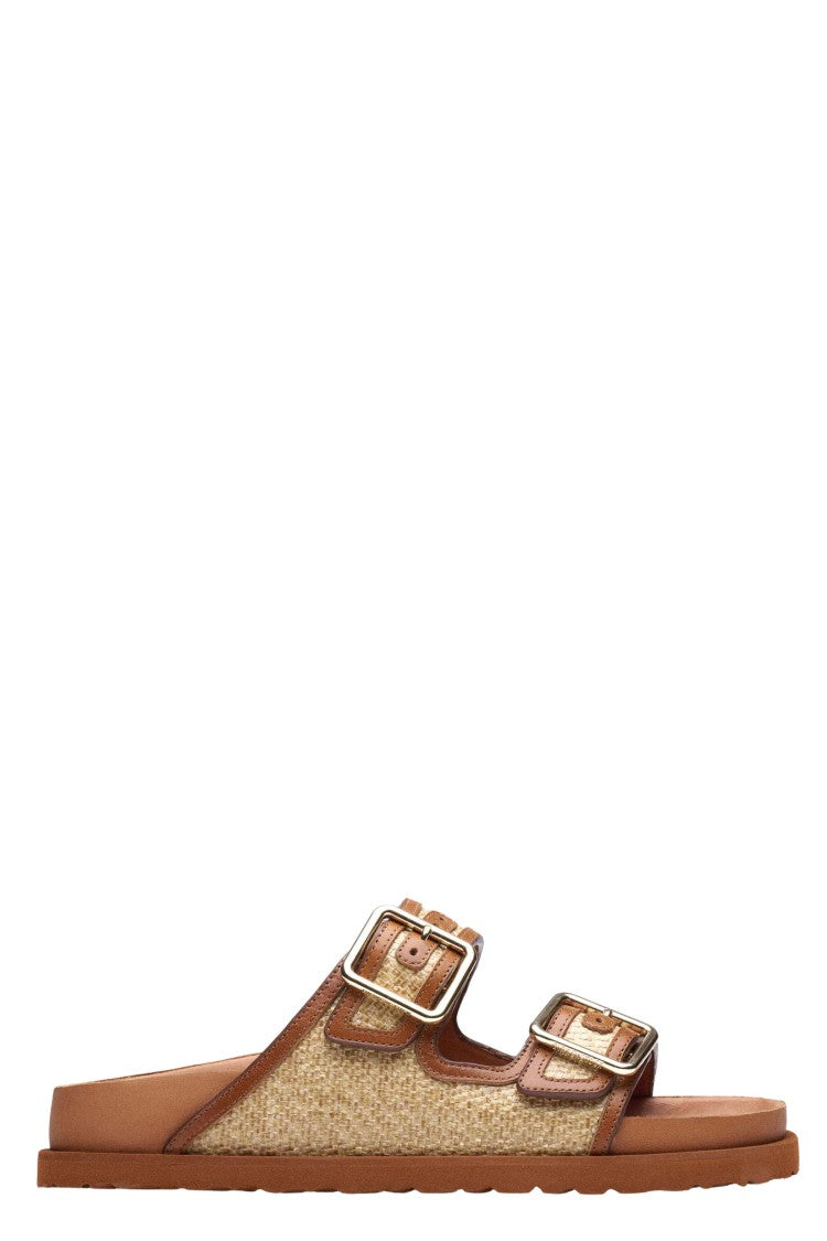 Birkenstock Ginger Brown Arizona Raffia Nappa Leather Dual-Strap Sandals