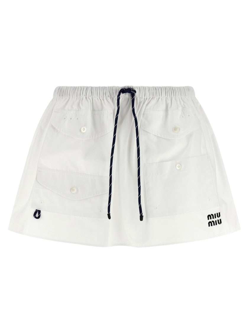 Miu Miu Cotton Poplin Mini Skirt With Curled Waistband And Front Pockets