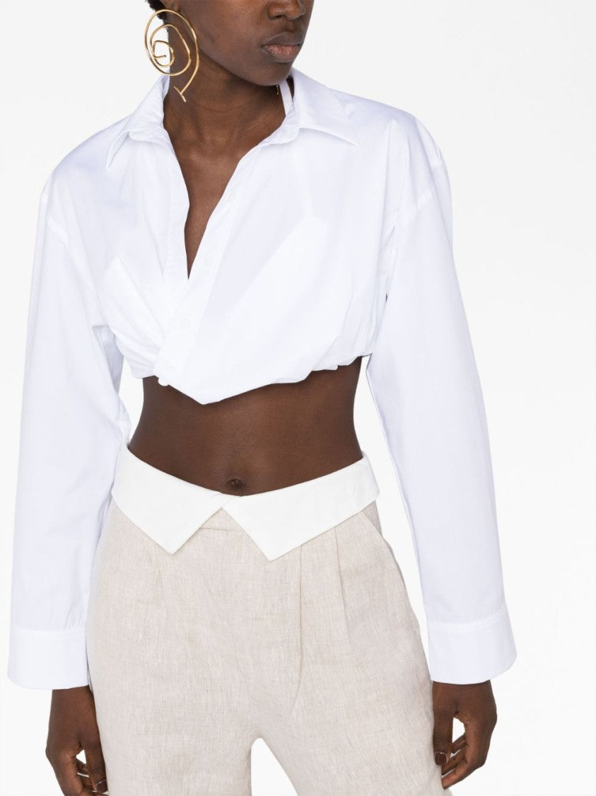 Jacquemus Cropped Off-White Stretch Cotton Shirt With Classic Collar And Fitted Silhouette