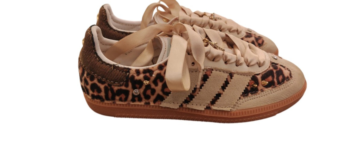 Adidas Beige Leopard Print Sneakers With Satin Ribbons