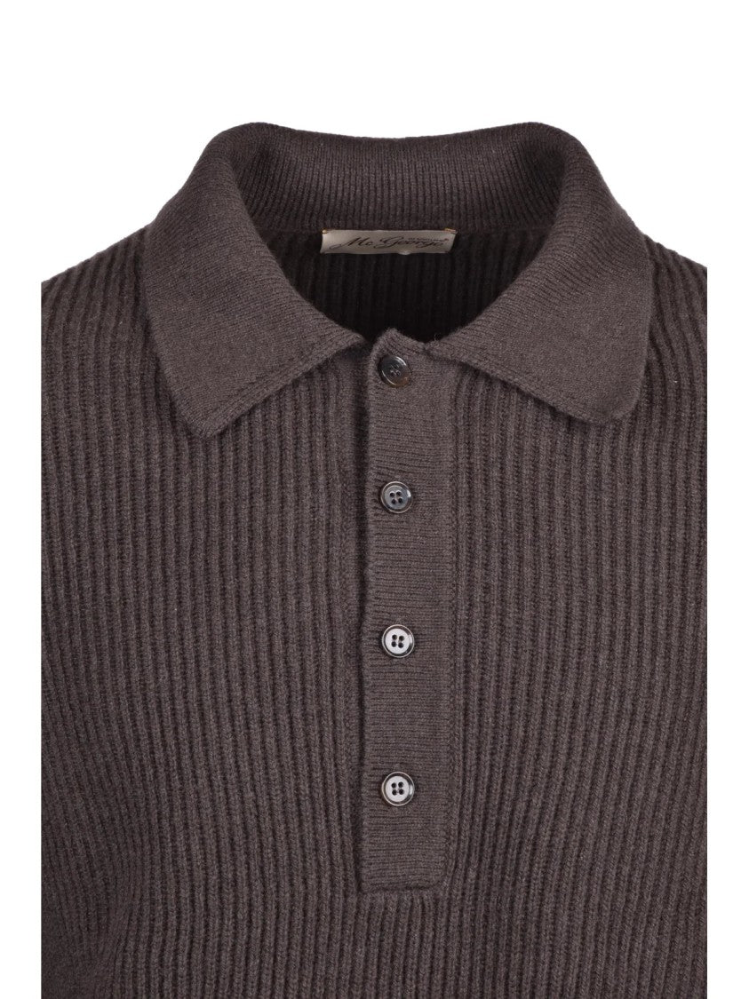 Mc George Brown Virgin Wool-Cashmere Ribbed Polo Sweater