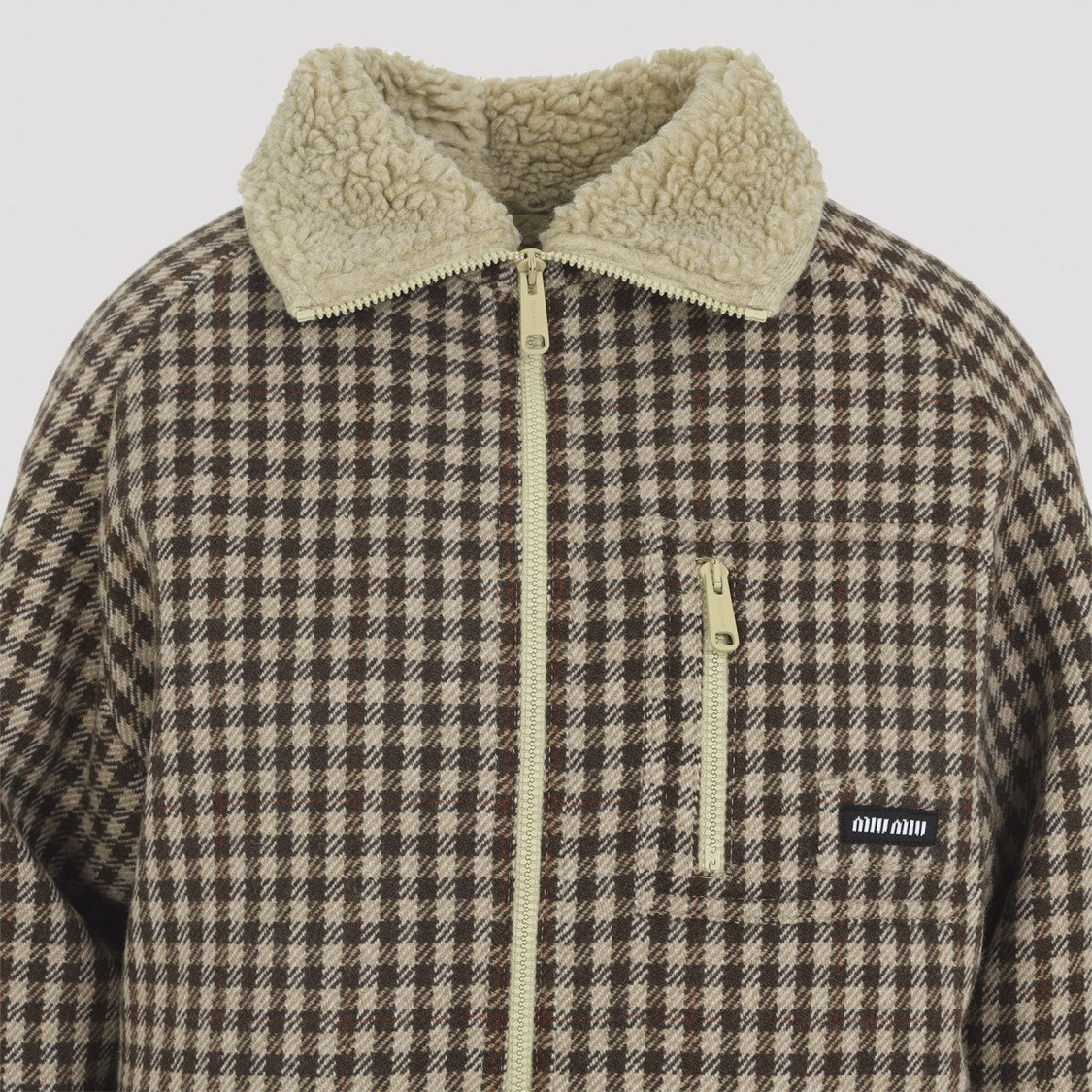 Miu Miu Camel Virgin Wool Jacket With Checked Pattern