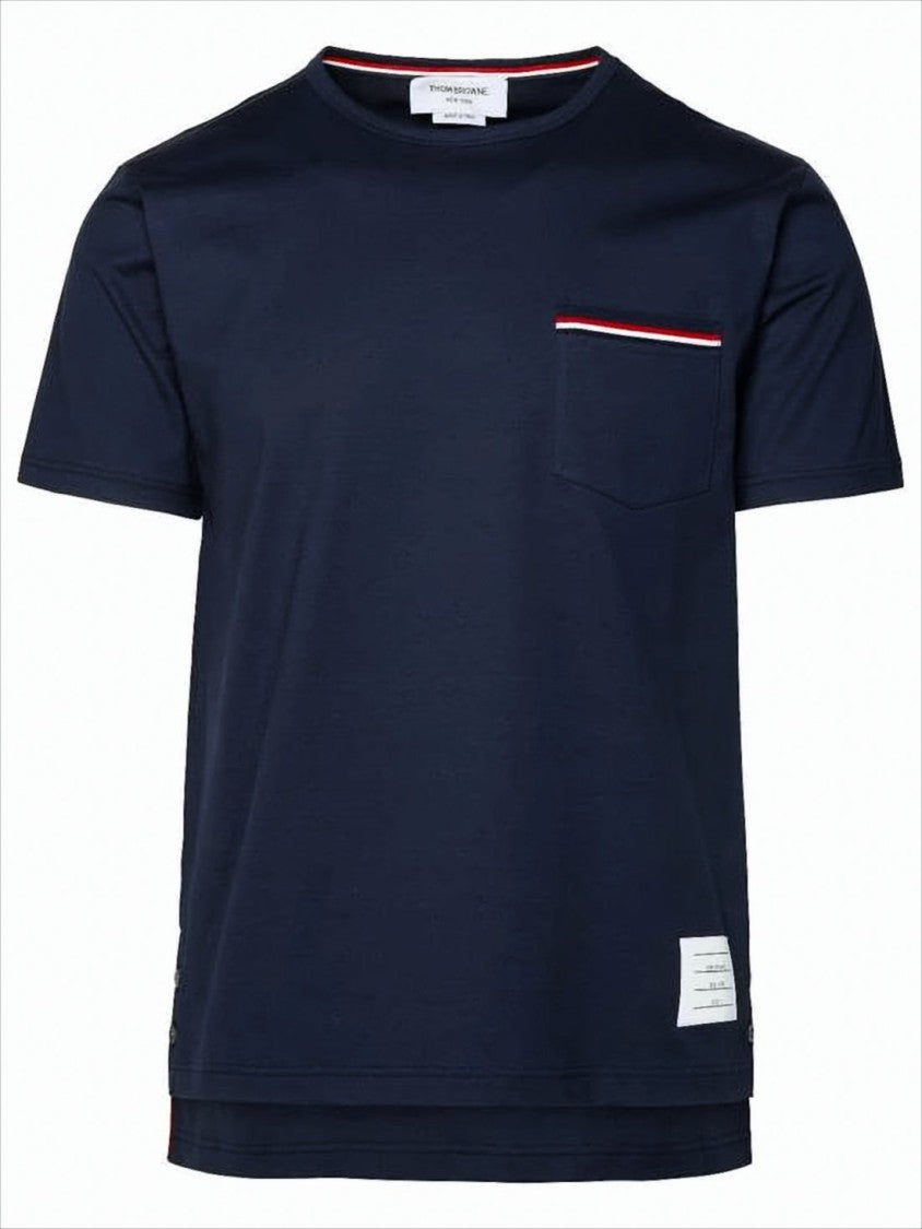 Thom Browne Short-Sleeved Blue T-Shirt With Contrasting Trim And Chest Pocket