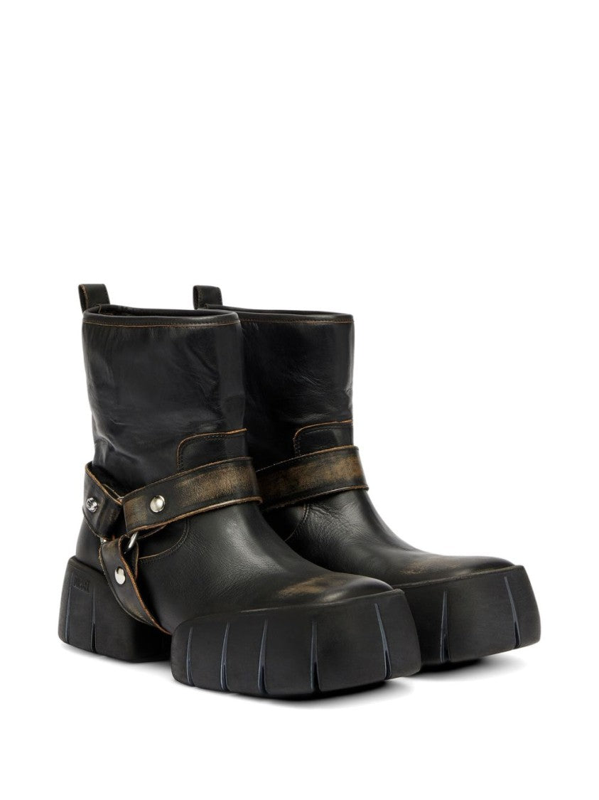 Diesel Chunky Sole Black Leather Boots With Ankle Strap Detail