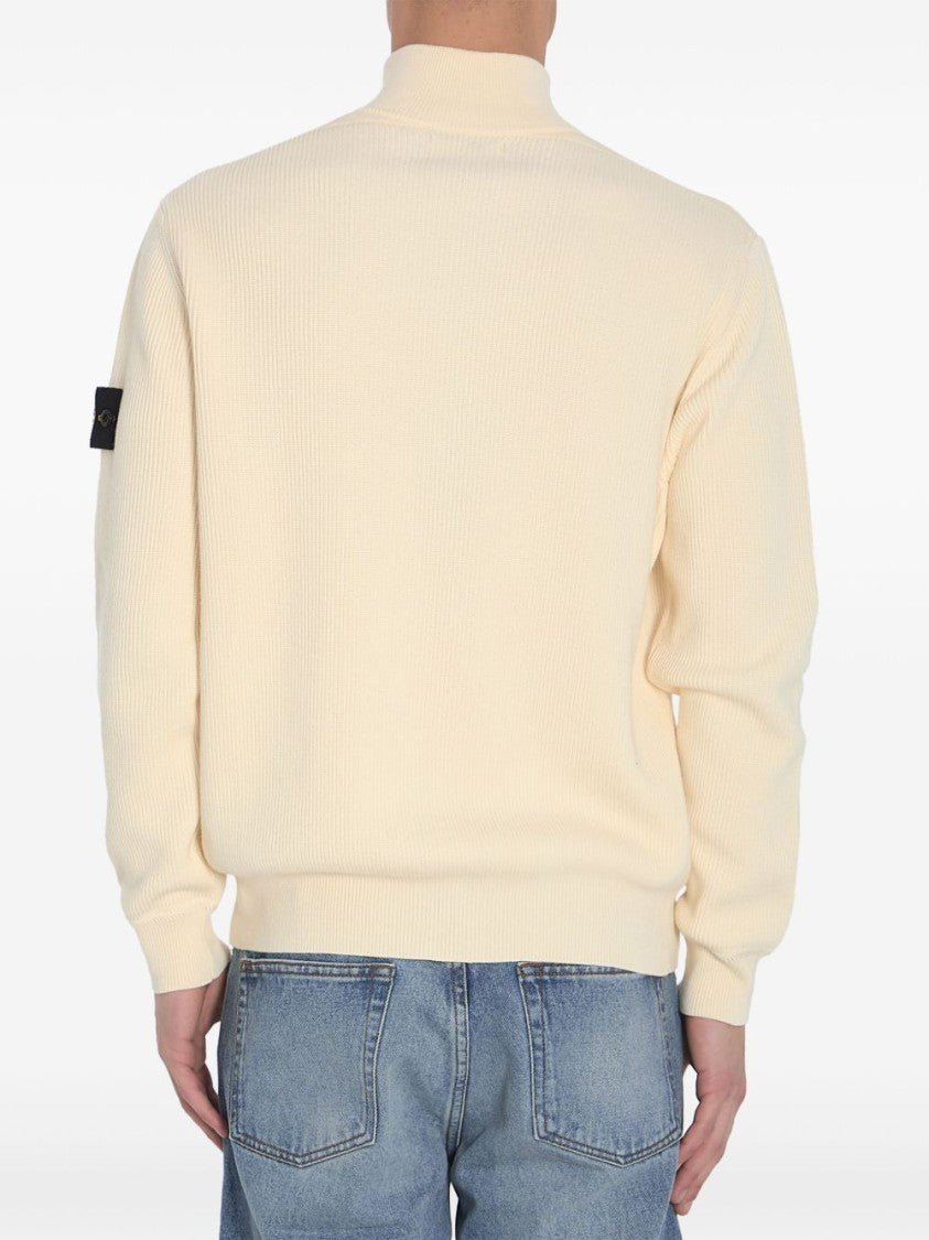 Stone Island Beige Ribbed Knit Zip-Up Cardigan