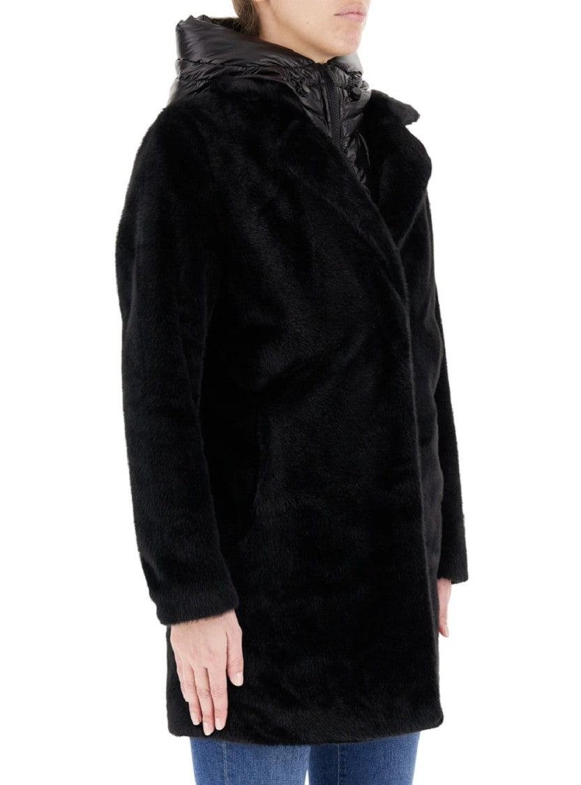 Bomboogie Black Single-Breasted Faux Fur Hooded Jacket