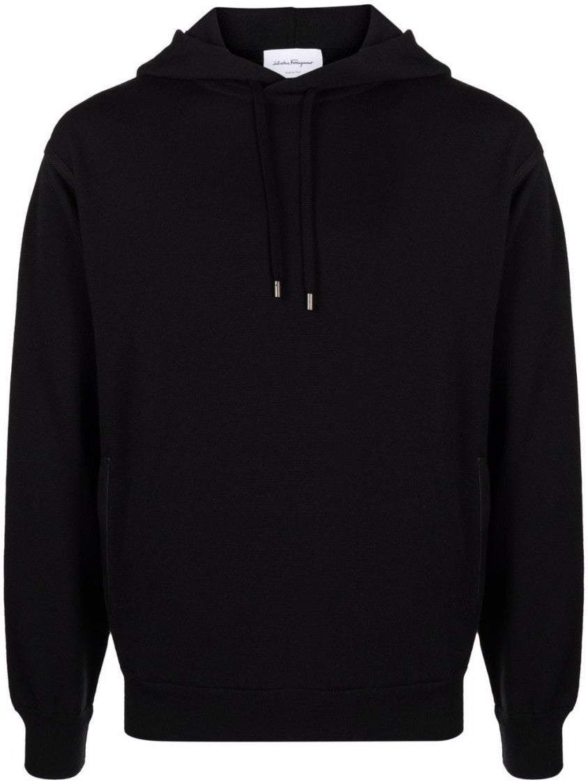 Salvatore Ferragamo Minimalist Black Knit Hoodie With Drawstring And Ribbed Detailing