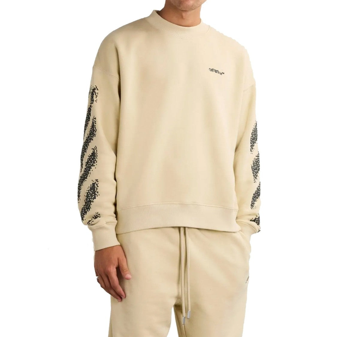Off-White Ribbed Trim Beige Sweatshirt With Contrast Logo