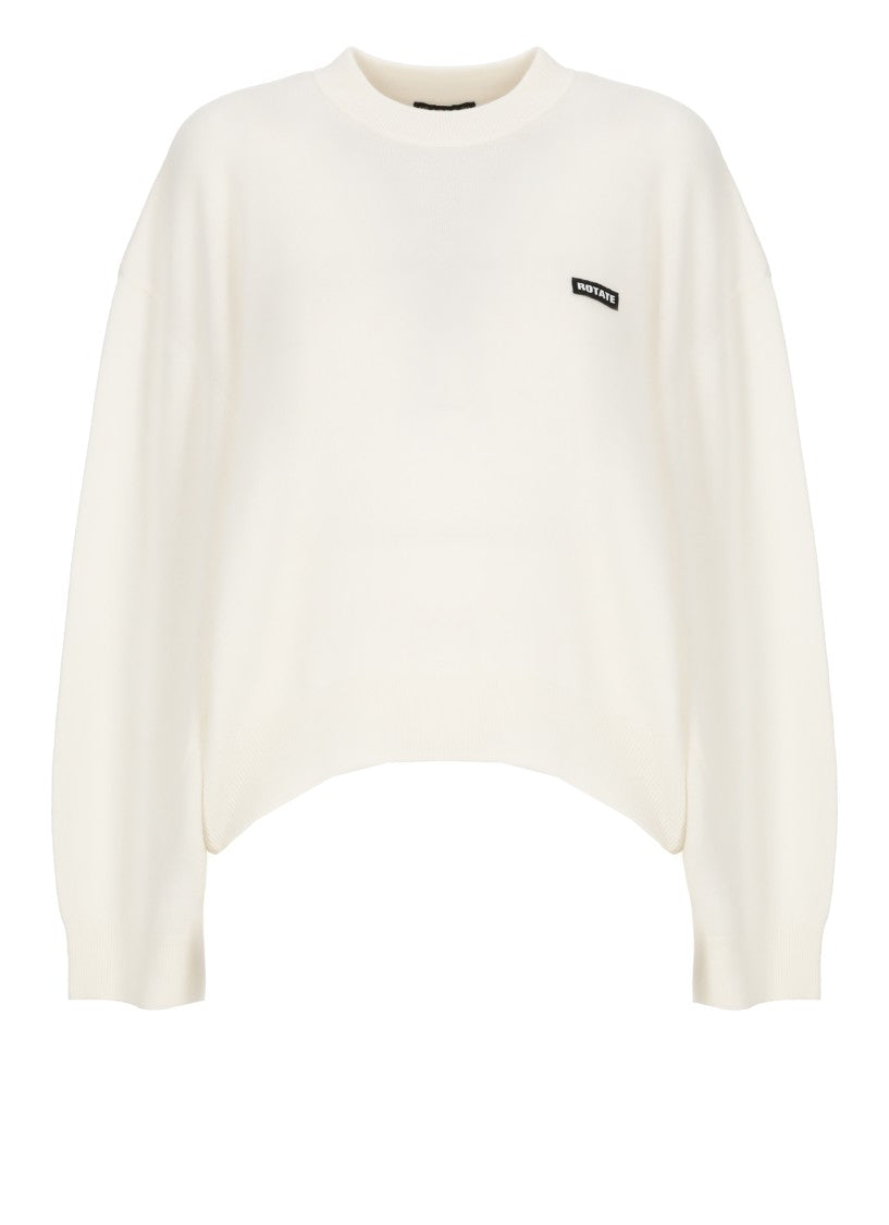 Rotate White Round-Neck Ribbed Wool Sweater