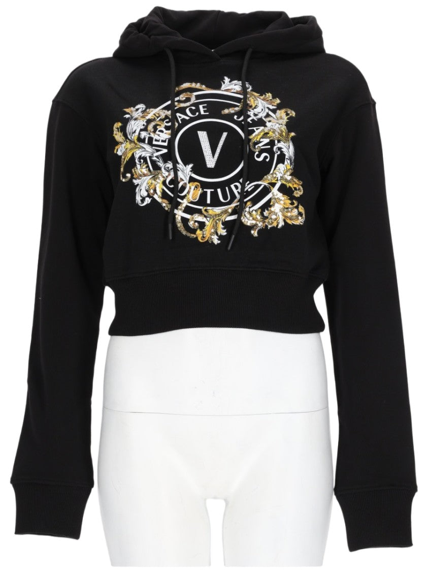 Versace Jeans Couture Cropped Black Baroque Emblem Drawstring Cotton Hoodie