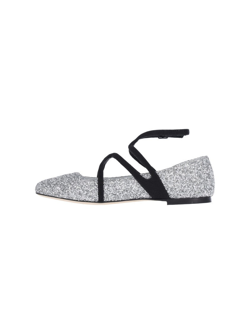 Jimmy Choo Pointed-Toe Glitter Ballerina Flats With Adjustable Ankle Strap