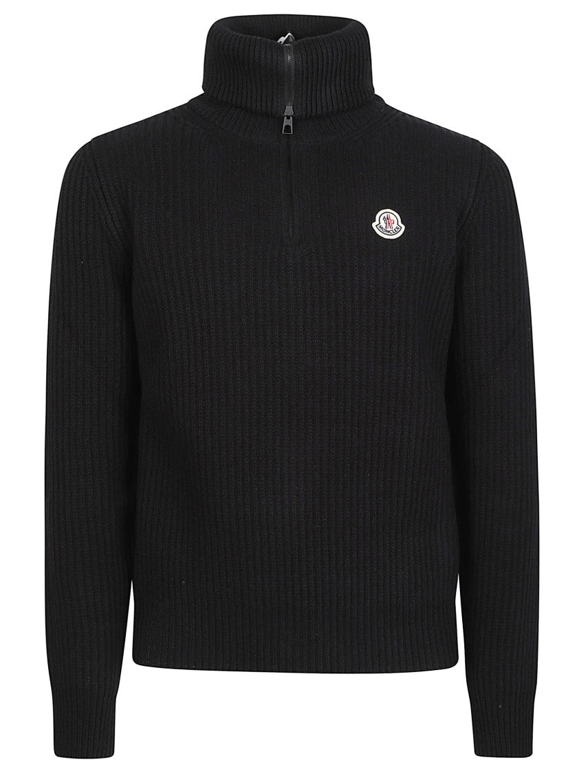 Moncler Tricot Virgin Wool Ribbed High Collar Half-Zip Sweater