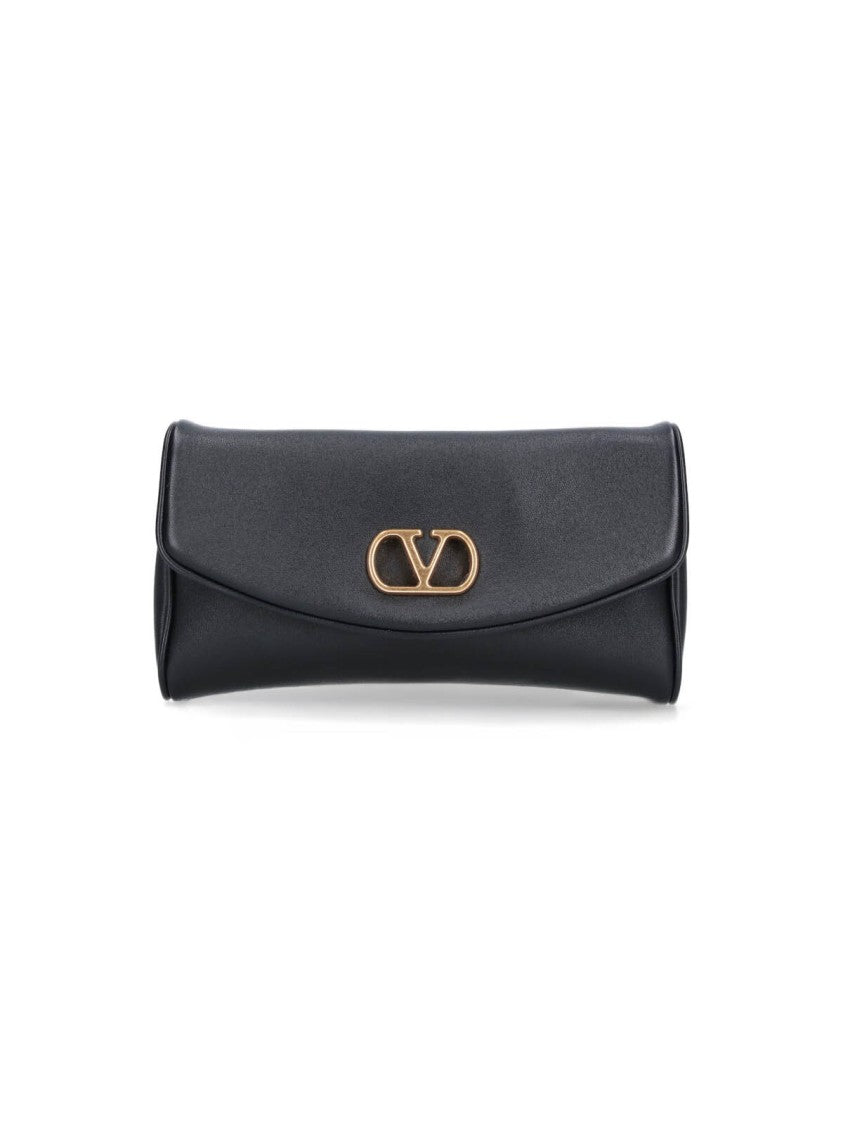 Valentino Garavani Black Structured Gold Emblem Leather Bag