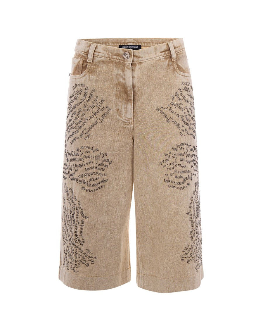 Patrizia Pepe Beige Rhinestone Vintage Cotton Denim Shorts