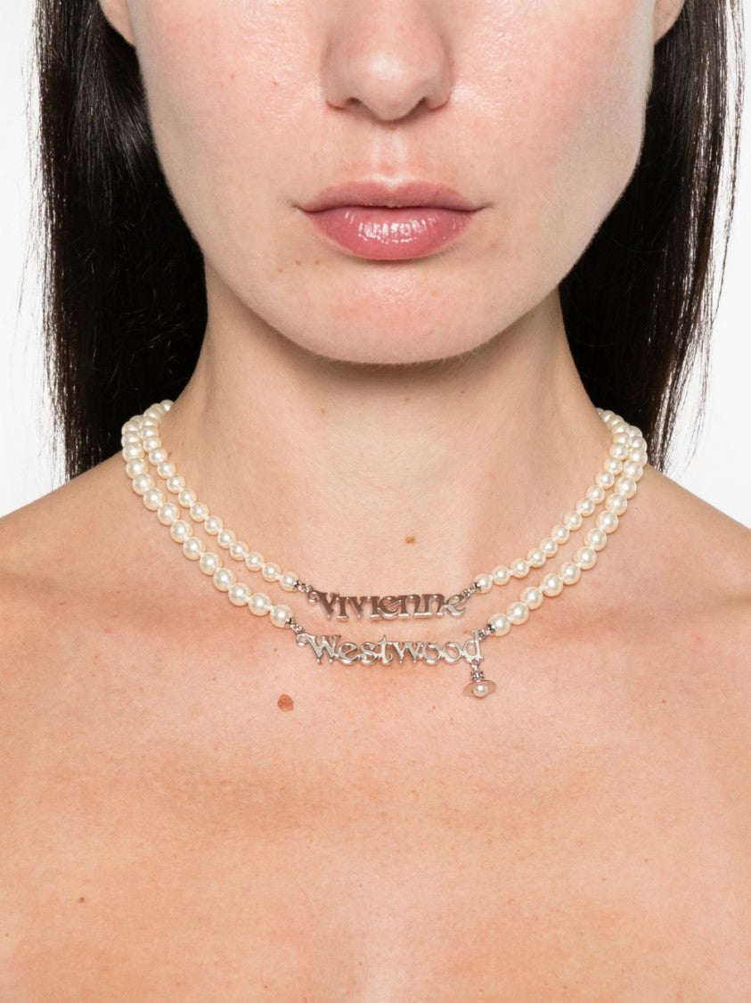 Vivienne Westwood Double-Strand Pearl Necklace With Silver-Tone Metal Centrepiece
