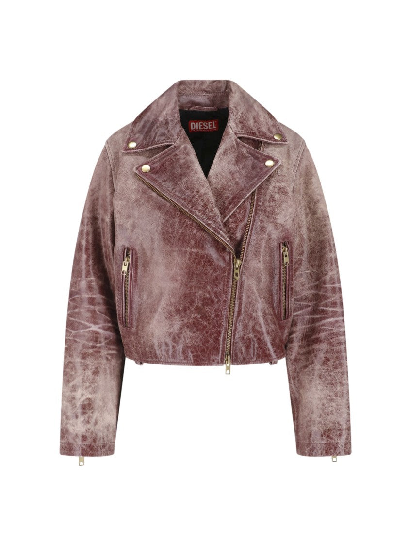 Diesel Cropped Biker Jacket In Cracked Calf Leather