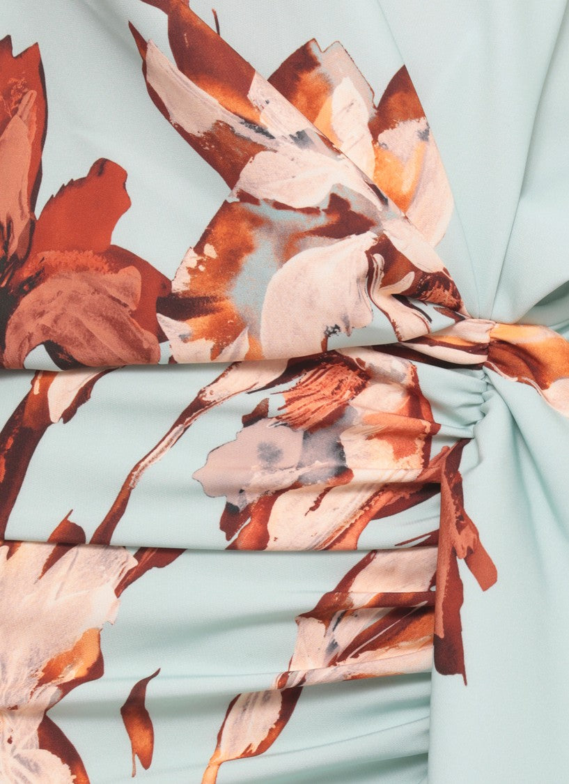 Costarellos Aqua Green Crepe Dress With Floral Print And Draping Detail