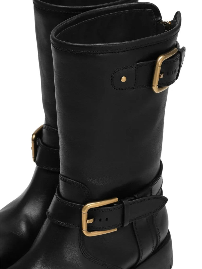 Dolce & Gabbana Black Biker Leather Gold Buckle Boots