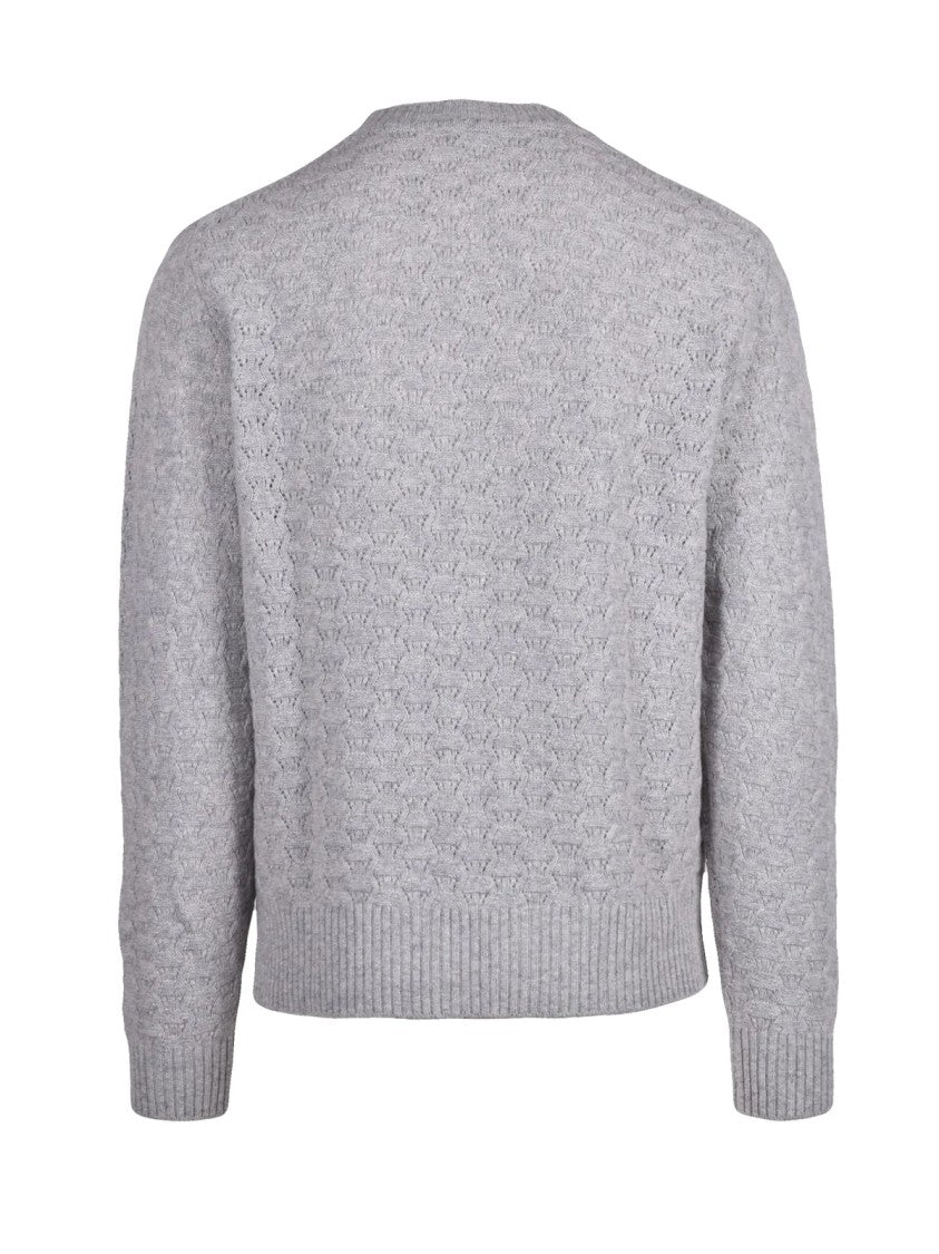 Daniele Fiesoli Perforated Grey Crew Neck Sweater In Fine Merino Wool And Cashmere Blend