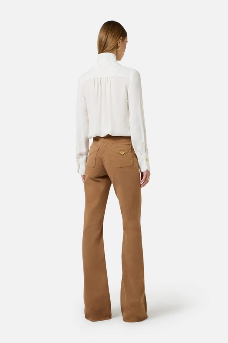 Elisabetta Franchi Ivory Sash-Tie V-Neck Gold Cuff Buttons Viscose Blouse